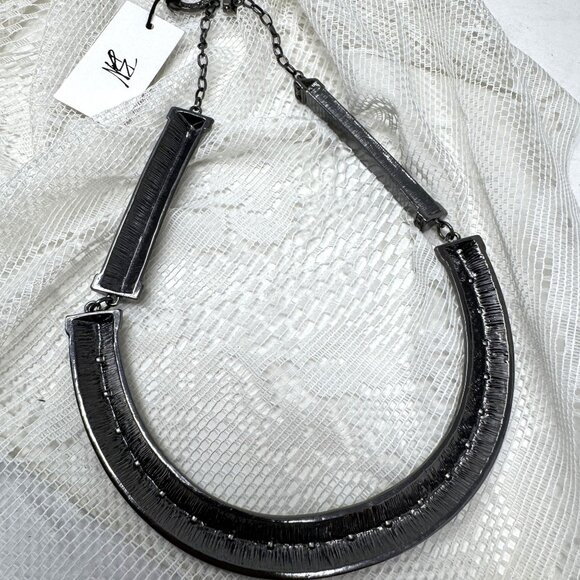 Black & White Geometric Statement Necklace With Adjustable Chain & Crystal Accen - Picture 9 of 9